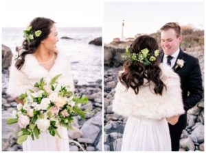 Happy couple saying their vows during their Maine Lighthouse Elopement.