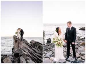 Husband and wife looking at each other during their Maine Lighthouse Elopement