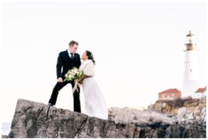 Bride and groom adventure after their ceremony during their Maine Lighthouse Elopement.