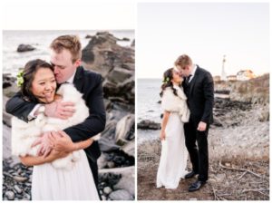 Bride and groom kiss in front of lighthouse during their Maine Light house Elopement