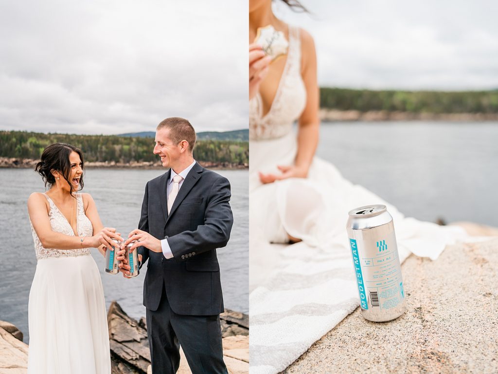 A couple enjoying beer during their Portland Maine elopement | how to elope in Portland Maine