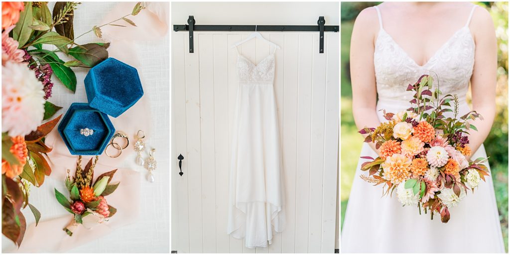 A wedding dress, jewelry, and florals at a Maine wedding | Maine wedding planners